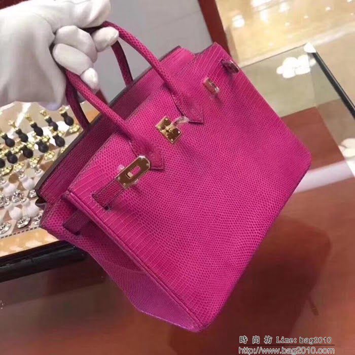 HERMES愛馬仕 鉑金包 Birkin 25cm 蜥蜴 Lizard leather 玫瑰紅 金扣 蠟線手縫 時尚手提包  Ama1149